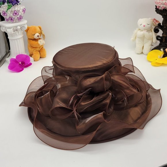 Beautiful 15" Wide Rim Brown Organza Dress Hat - Picture 2 of 6